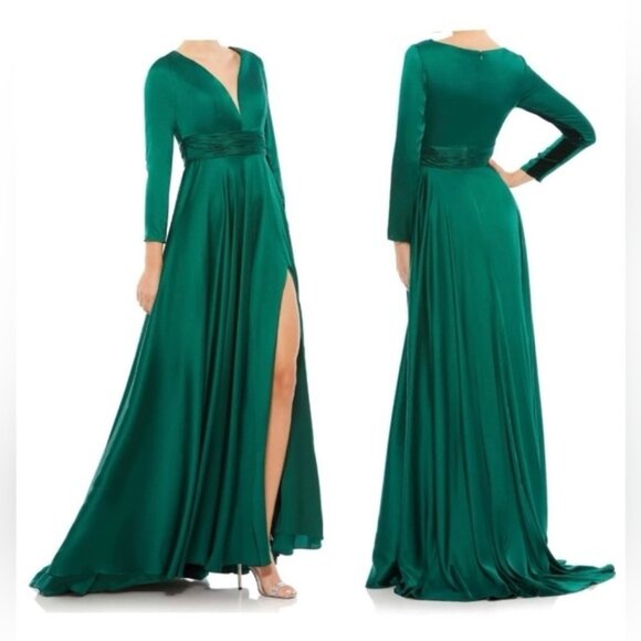Mac Duggal 55245 Size 14 Emerald Long Sleeve Ruched Waist A-Line Slit Gown NWOT - Picture 2 of 16